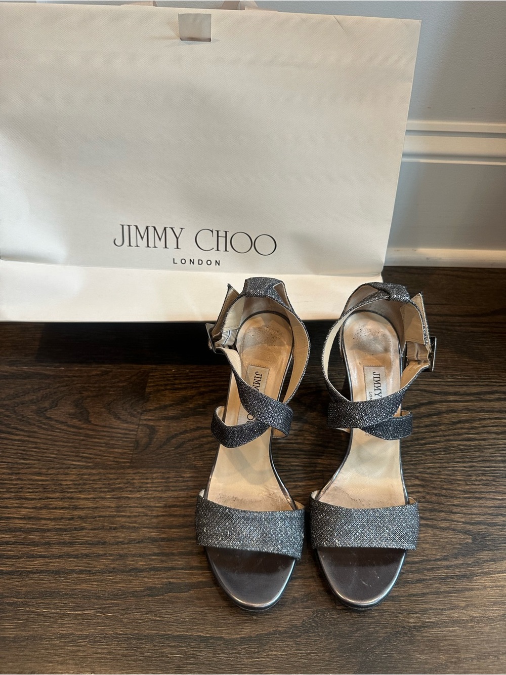 Jimmy Choo Women's Silver Glitter Strappy Sandals